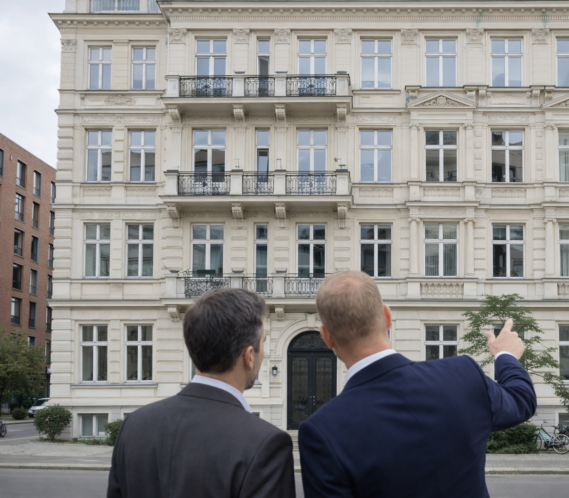 Herr Martiny erklärt einem Investor die Fassade eines Altbaus